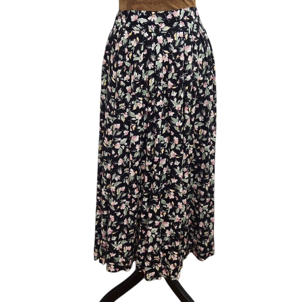 Maggie Lawrence Vintage Floral Midi Skirt Black Pink Rayon Made in USA S‎ 90s